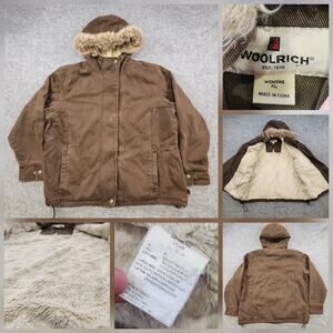 Woolrich Jacket Womens XL Brown Hooded Faux Fur Lined Parka Winter Coat Warm